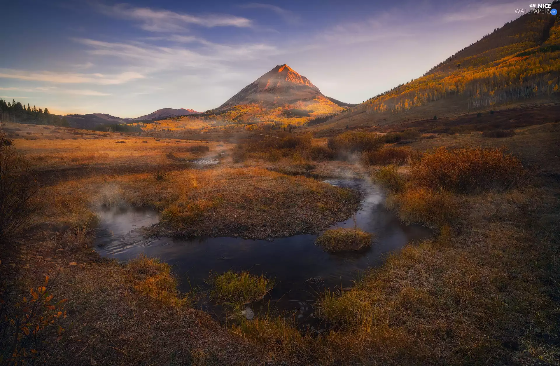 stream, autumn, viewes, VEGETATION, trees, Mountains