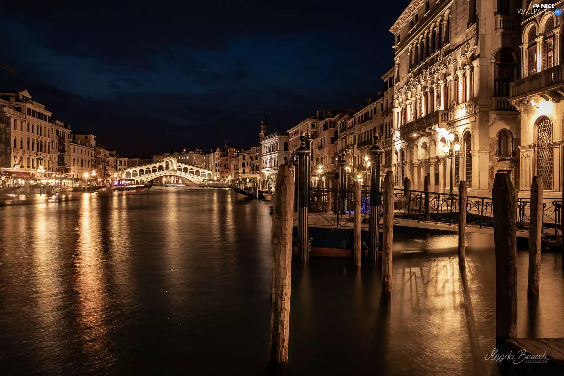 Houses, The Rialto Bridge, Italy, canal, Venice, illuminated, Night, Canal Grande
