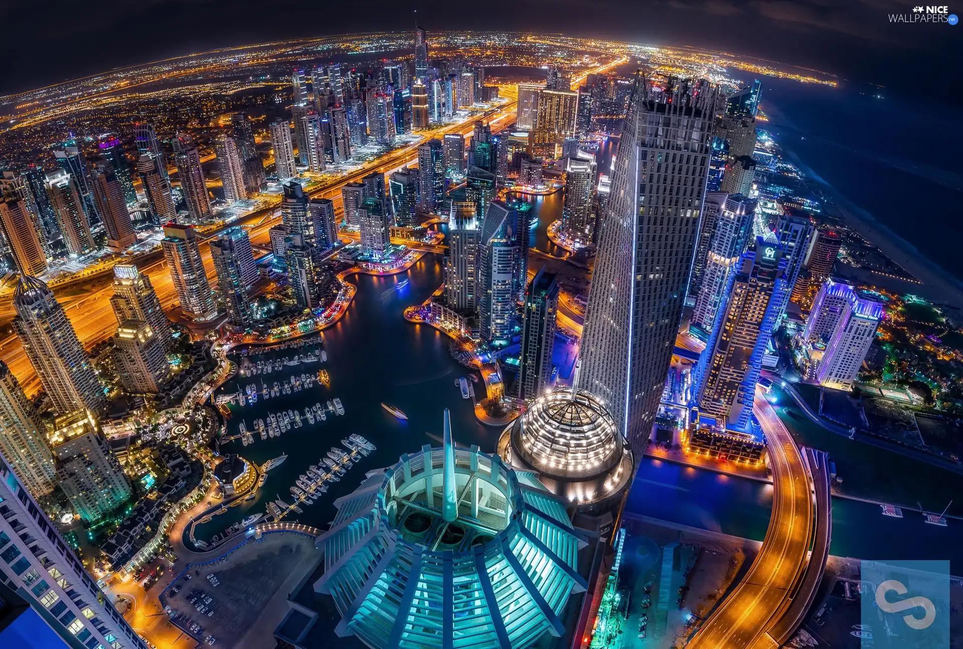 City at Night, Horizon, Aerial View, Dubaj