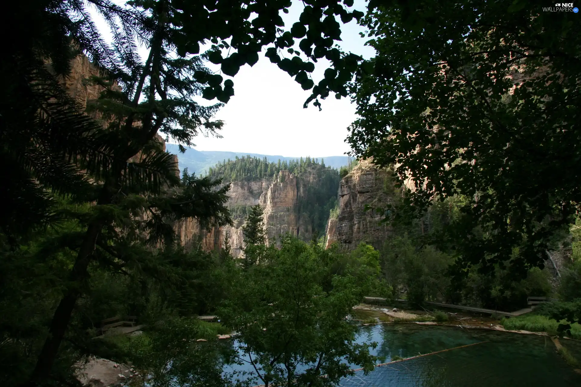 viewes, Pond - car, bridges, Bench, Mountains, trees