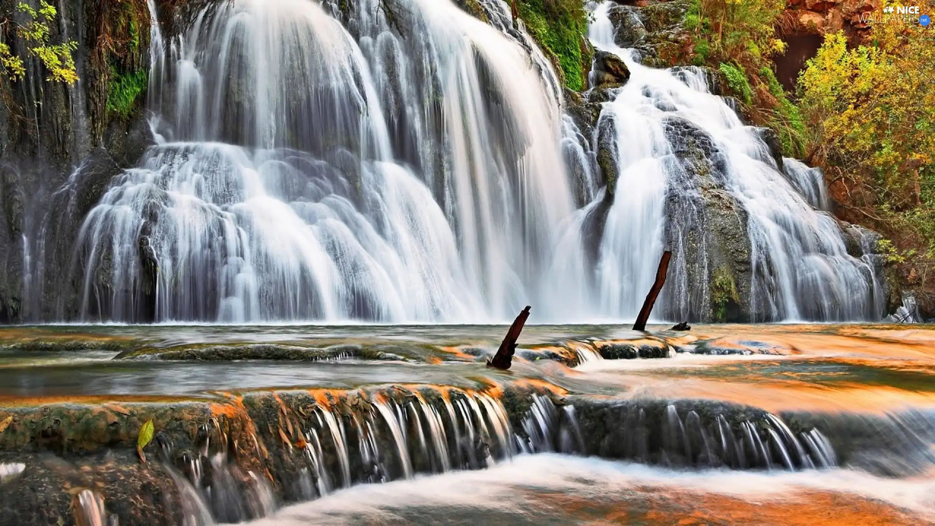 cascade, trees, viewes, rocks