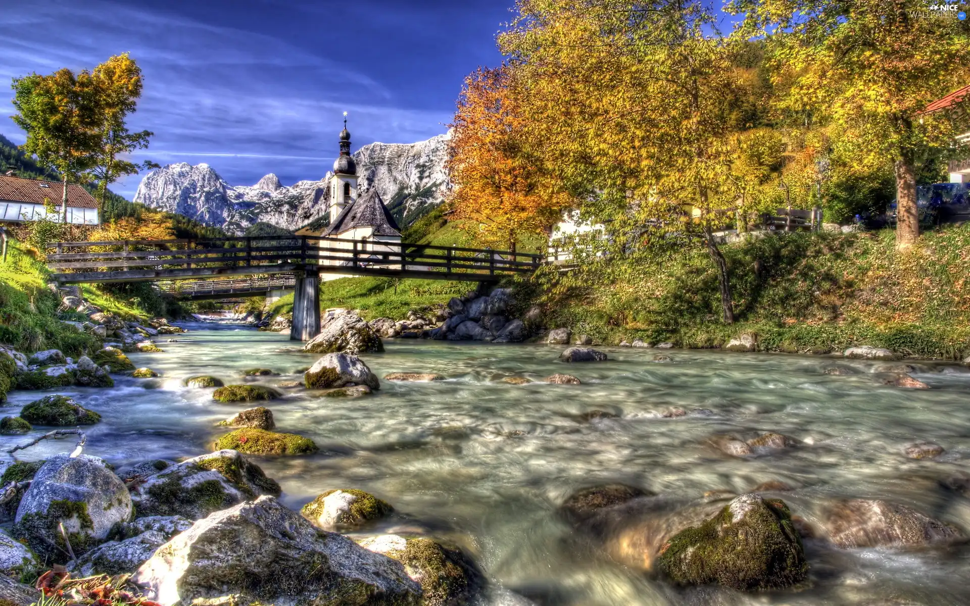 bridges, tear, viewes, Church, trees, River