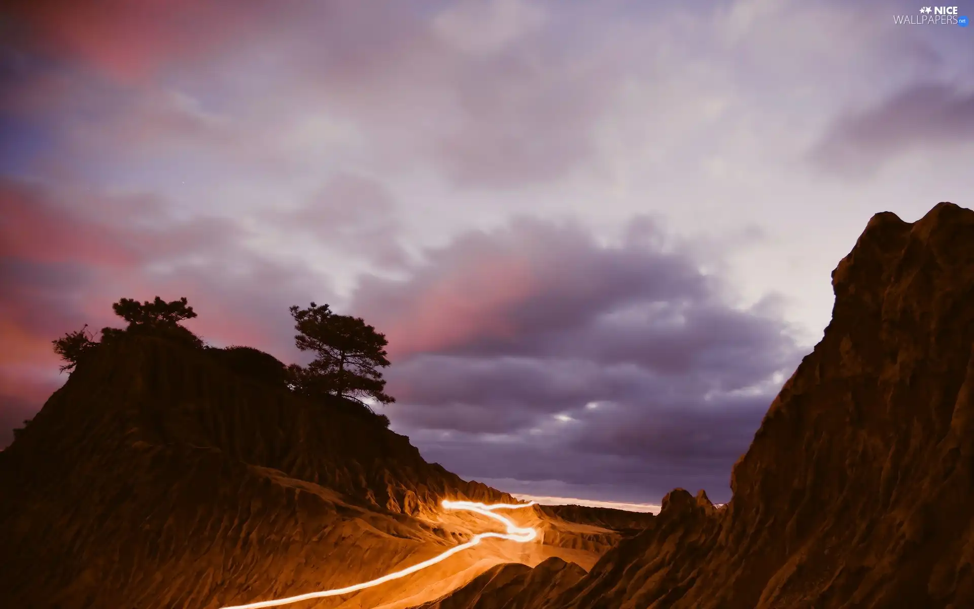 clouds, trees, viewes, Mountains