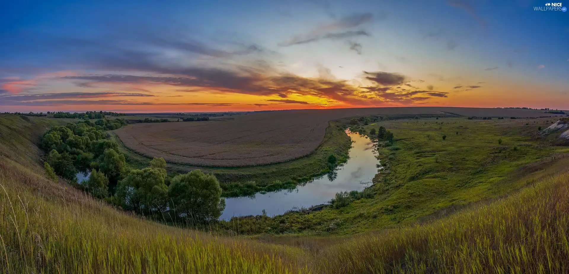 curve, River, grass, trees, field, clouds, Sunrise, viewes