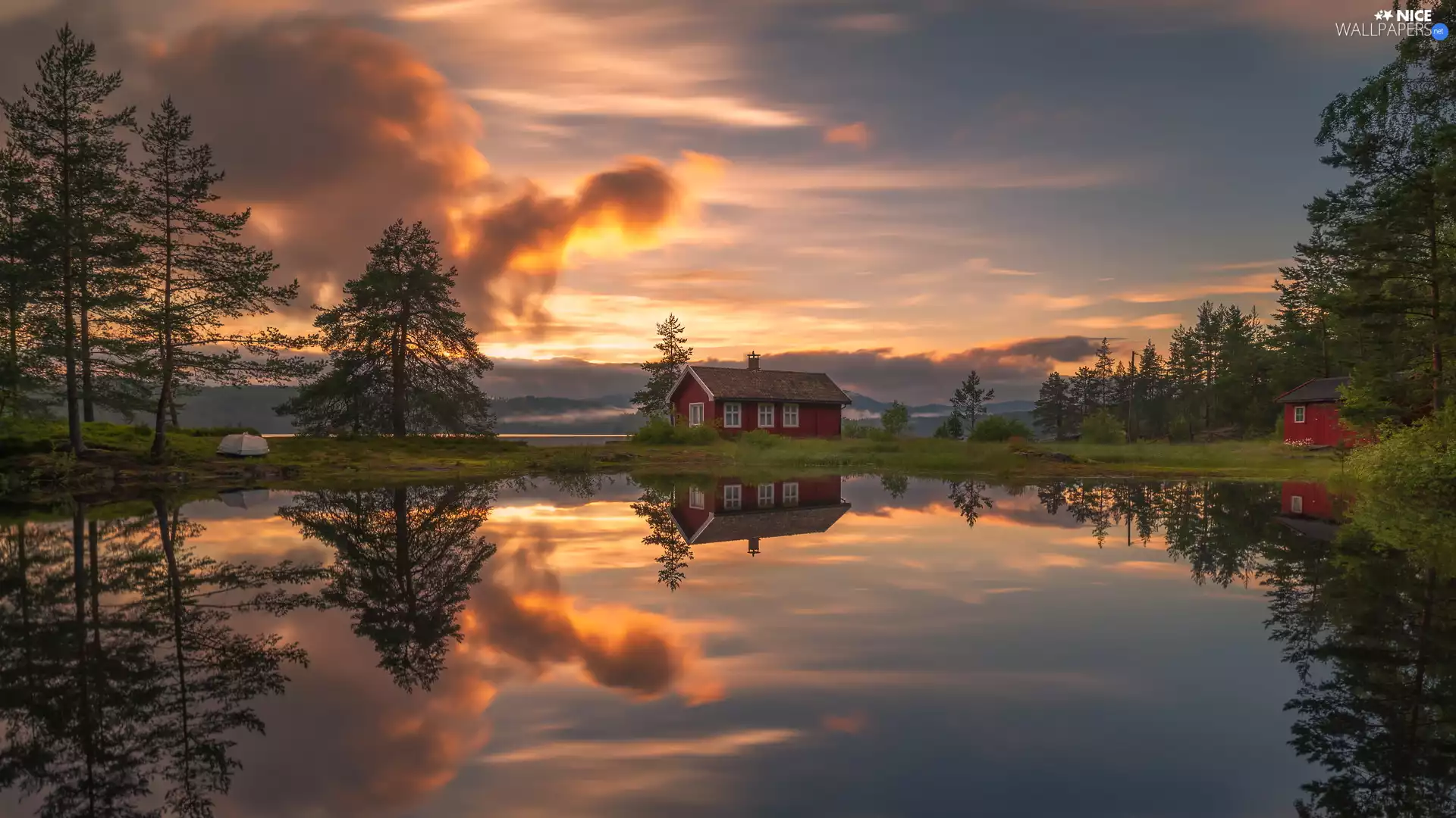 Vaeleren Lake, Great Sunsets, clouds, house, Ringerike Municipality, Norway, viewes, reflection, trees
