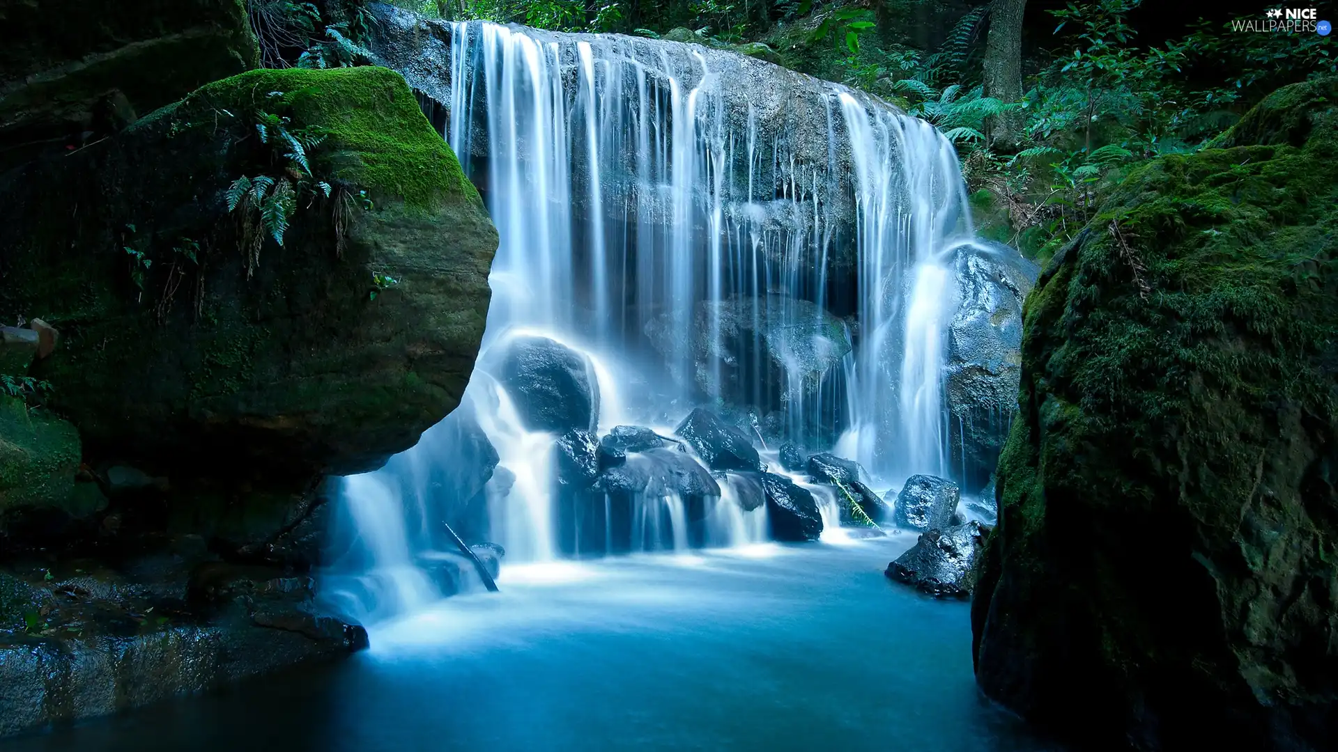 viewes, green, rocks, trees, waterfall