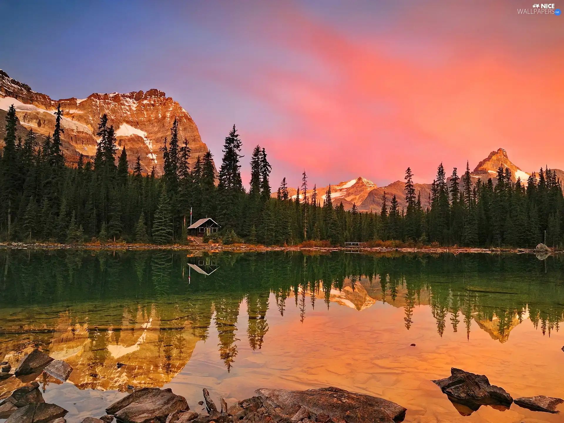 viewes, Home, lake, trees, Mountains