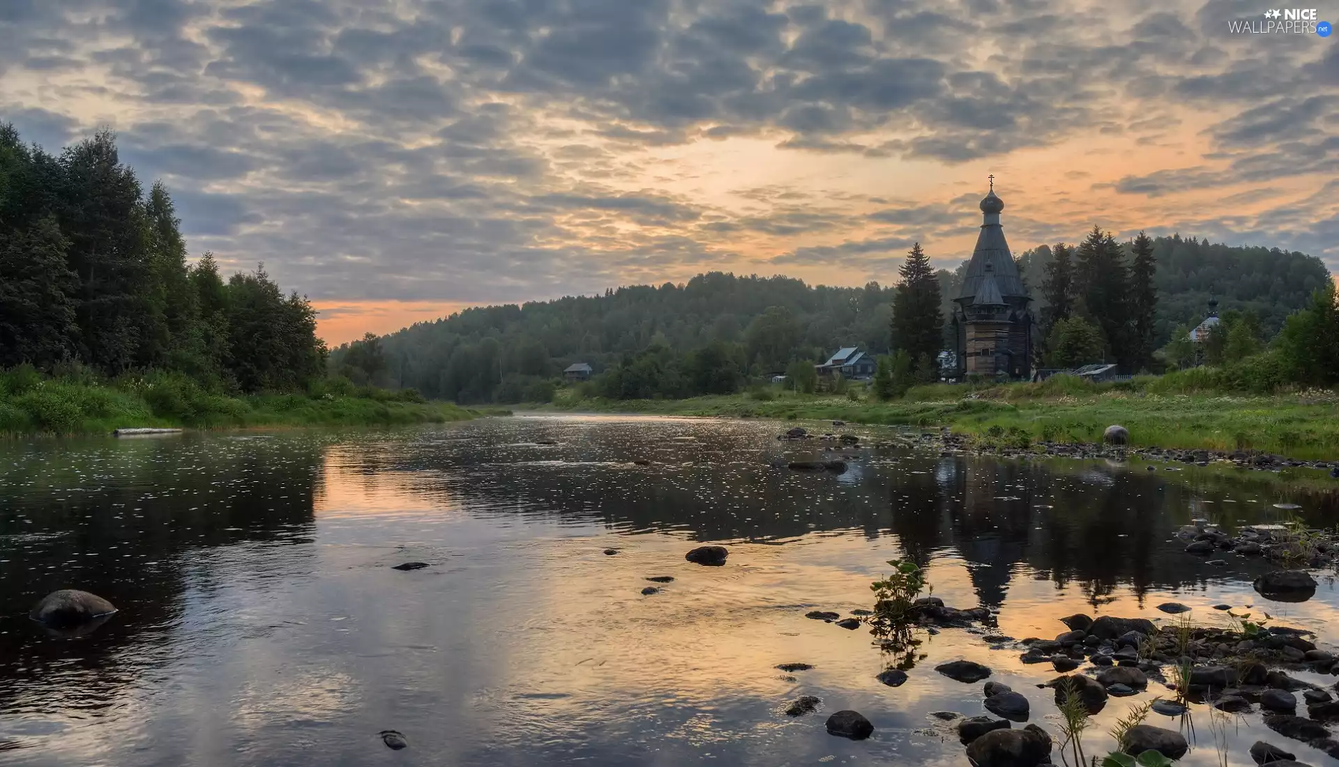 River, Stones, Houses, trees, Cerkiew, Fog, Sunrise, viewes
