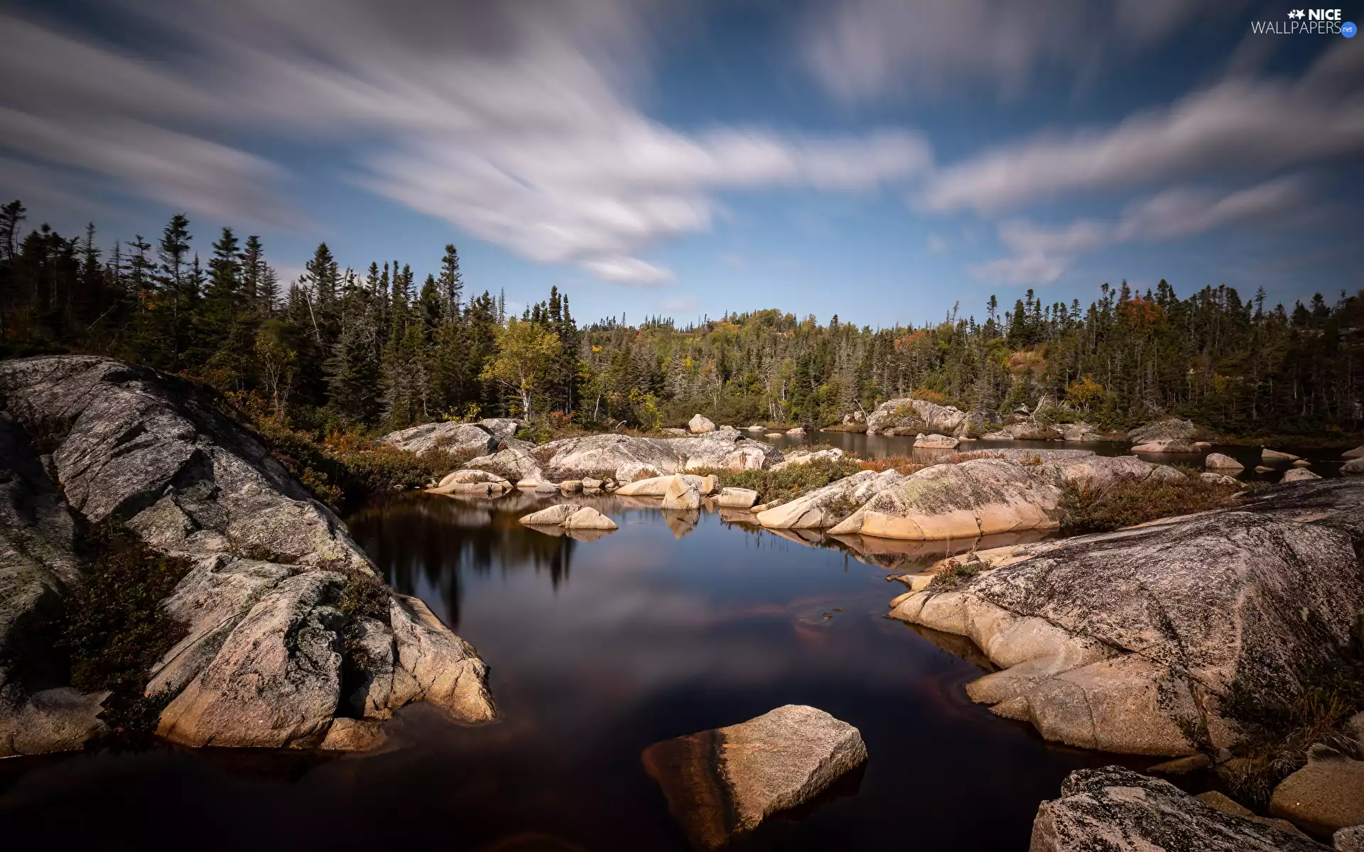 rocks, trees, lake, viewes, forest, Stones, clouds
