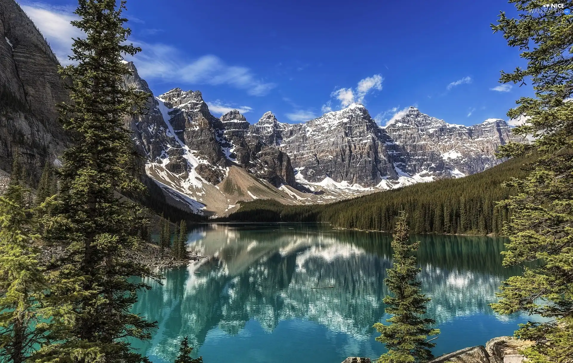 lake, trees, viewes, Mountains