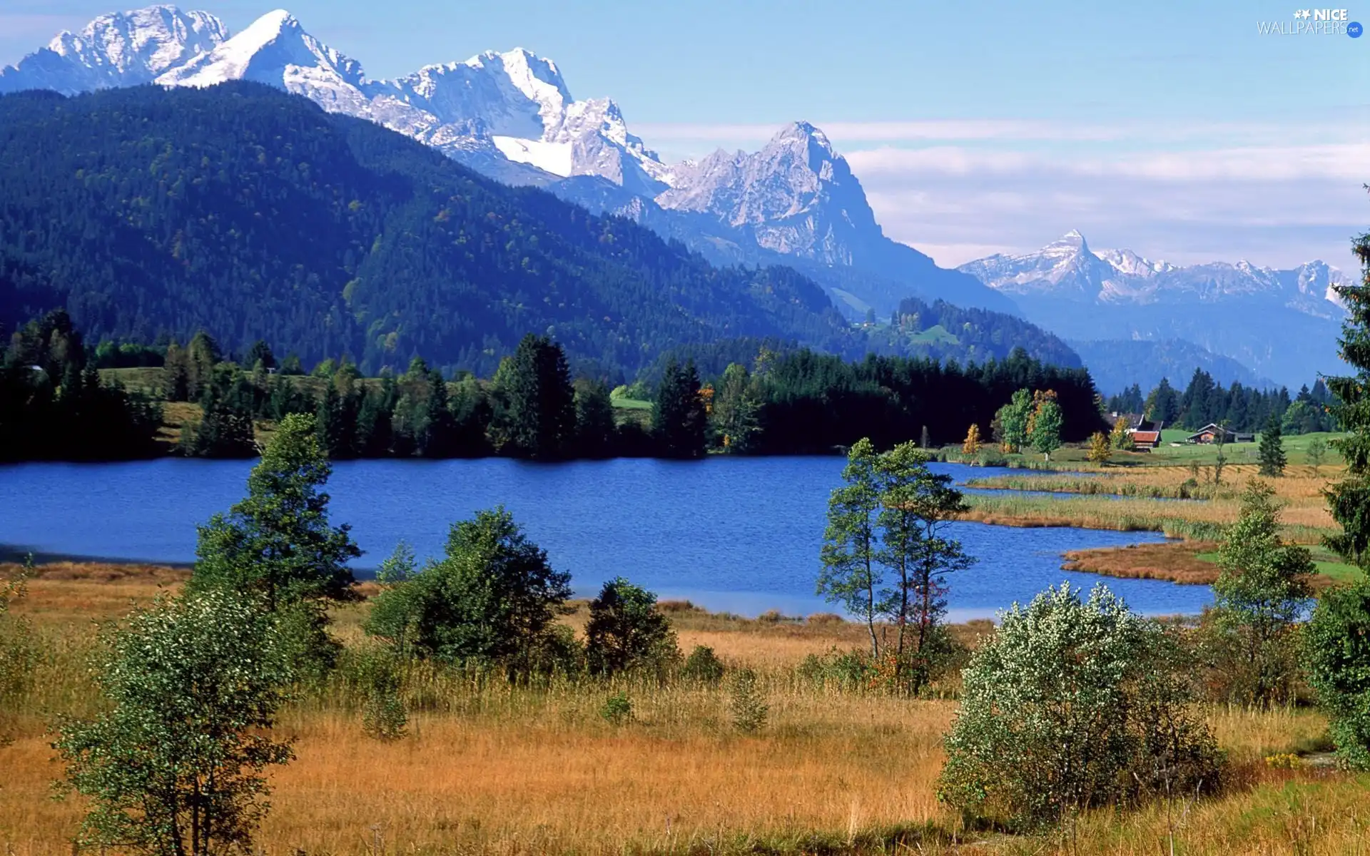 lake, trees, viewes, Mountains