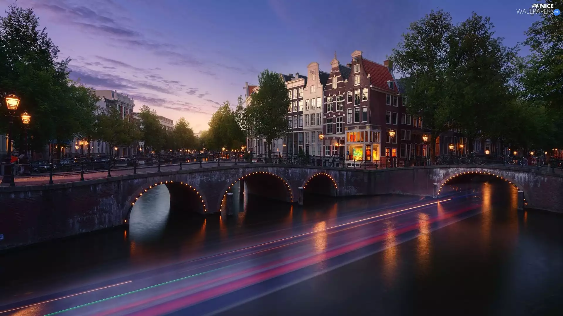 canal, bridge, light, trees, Houses, Amsterdam, Netherlands, viewes