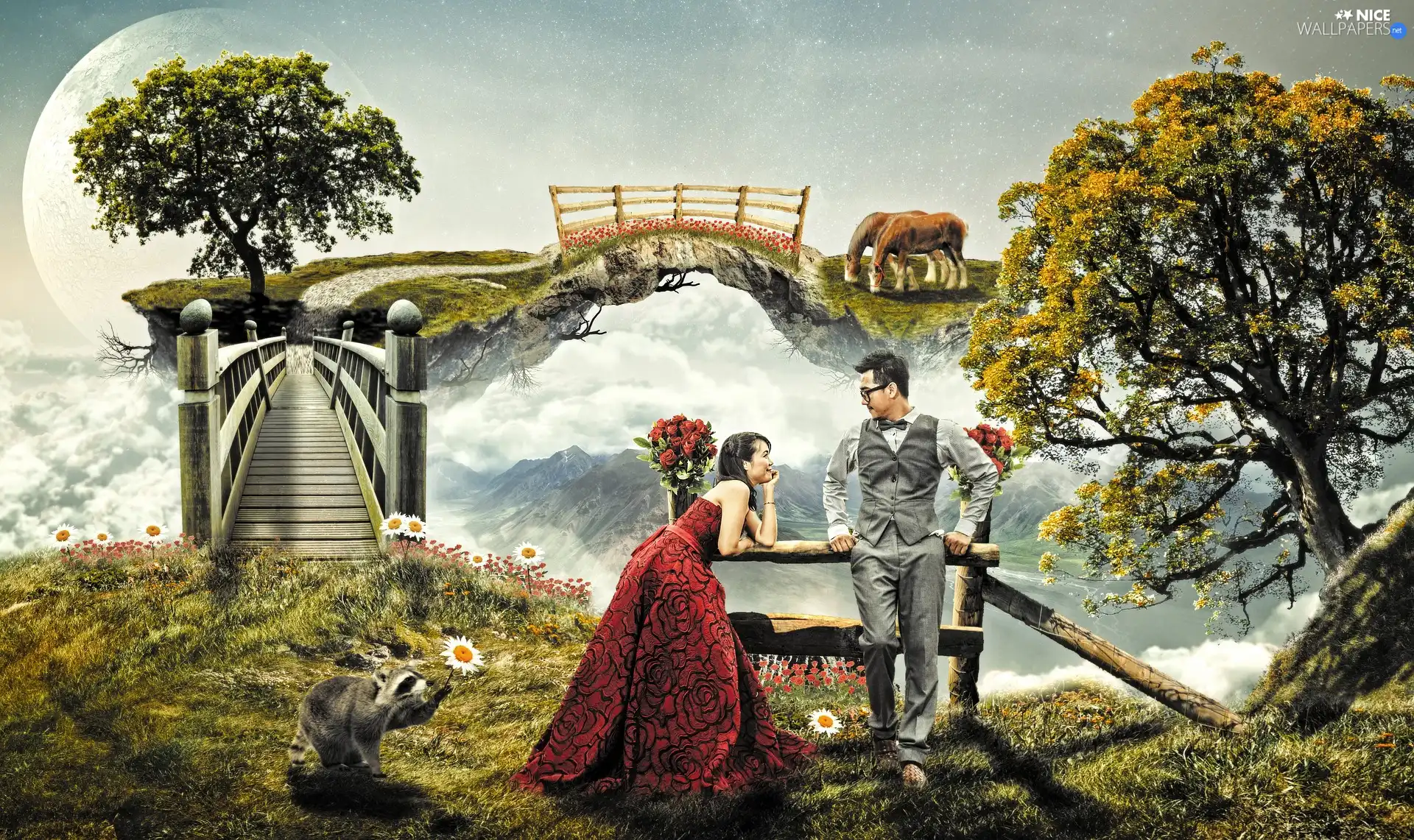 trees, Women, bridge, a man, fantasy, viewes, clouds