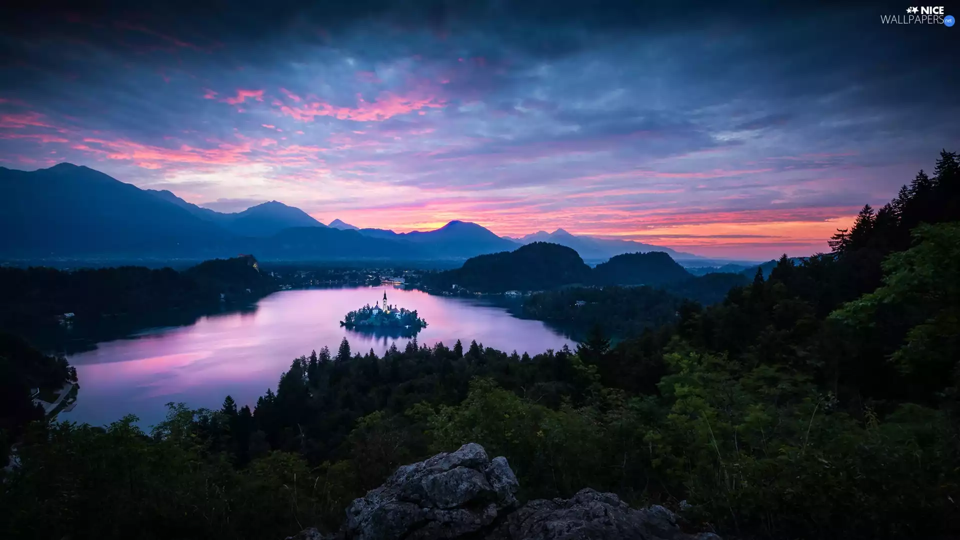 Lake Bled, Blejski Otok Island, Church of the Assumption of the Virgin Mary, Mountains, Sunrise, Slovenia, viewes, clouds, trees