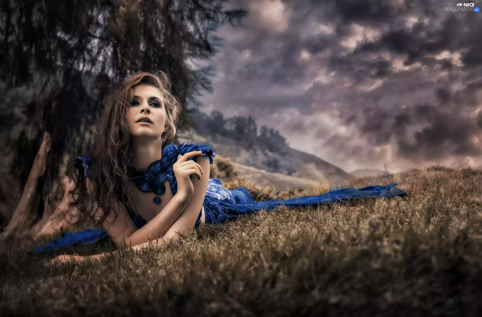 trees, viewes, Meadow, grass, girl