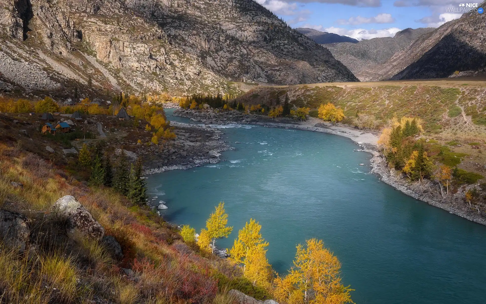 River, autumn, trees, viewes, Plants, Mountains