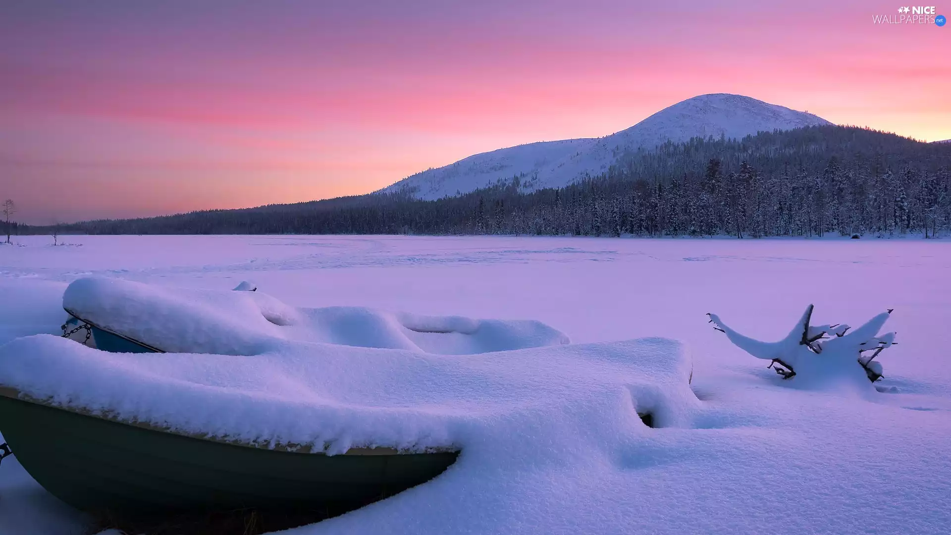 Snowy, winter, trees, viewes, boats, Mountains