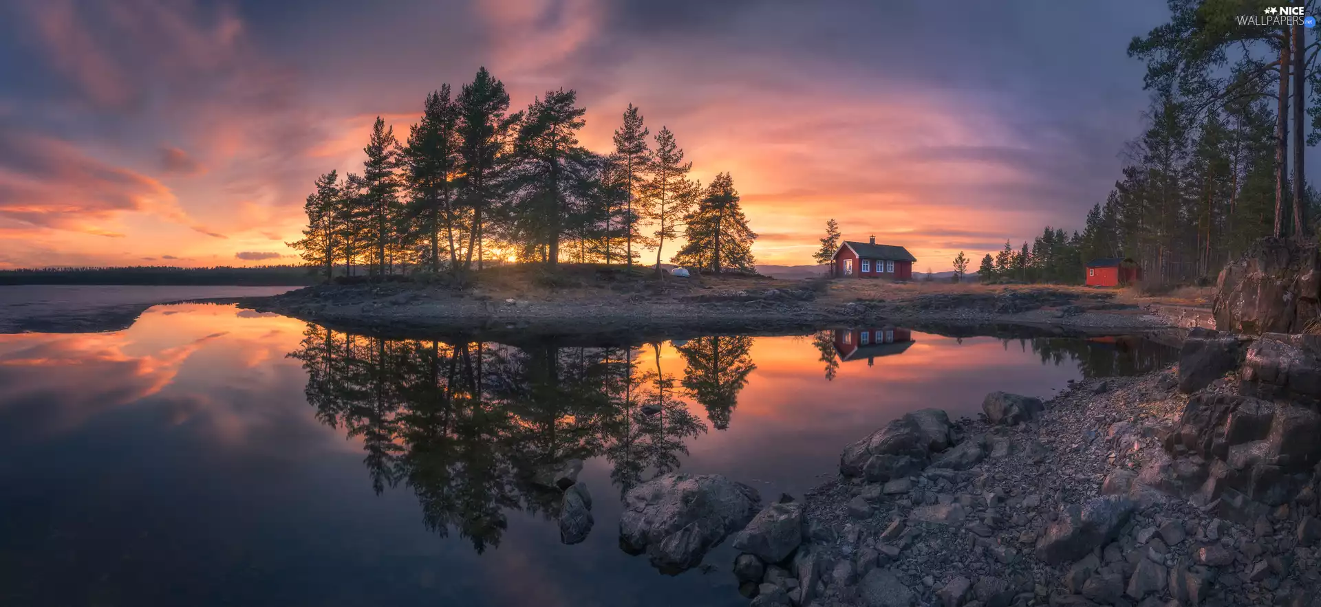 Ringerike Municipality, Norway, house, Great Sunsets, Stones, reflection, trees, viewes, Vaeleren Lake