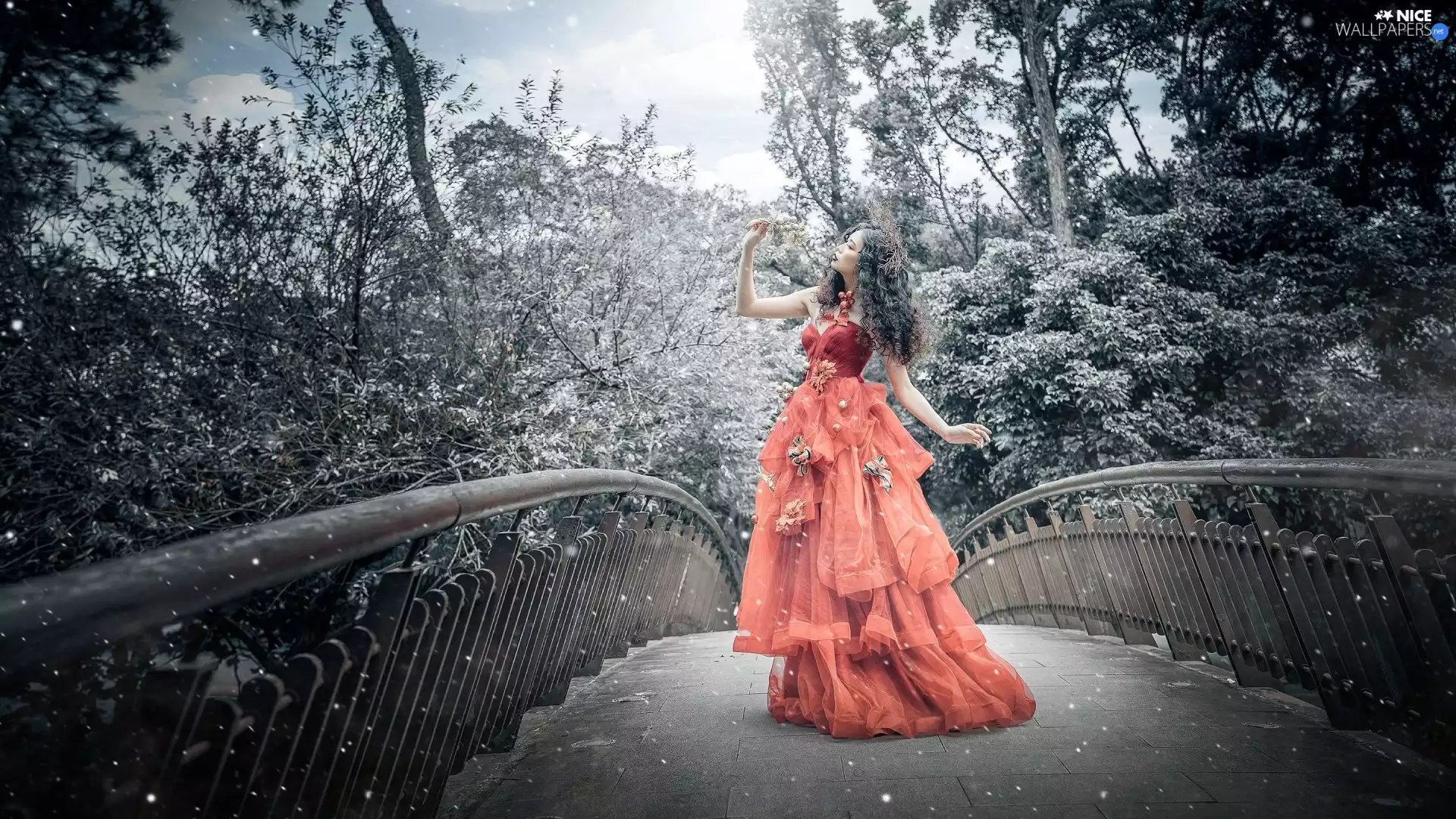 Dress, Women, trees, viewes, bridge, Orange