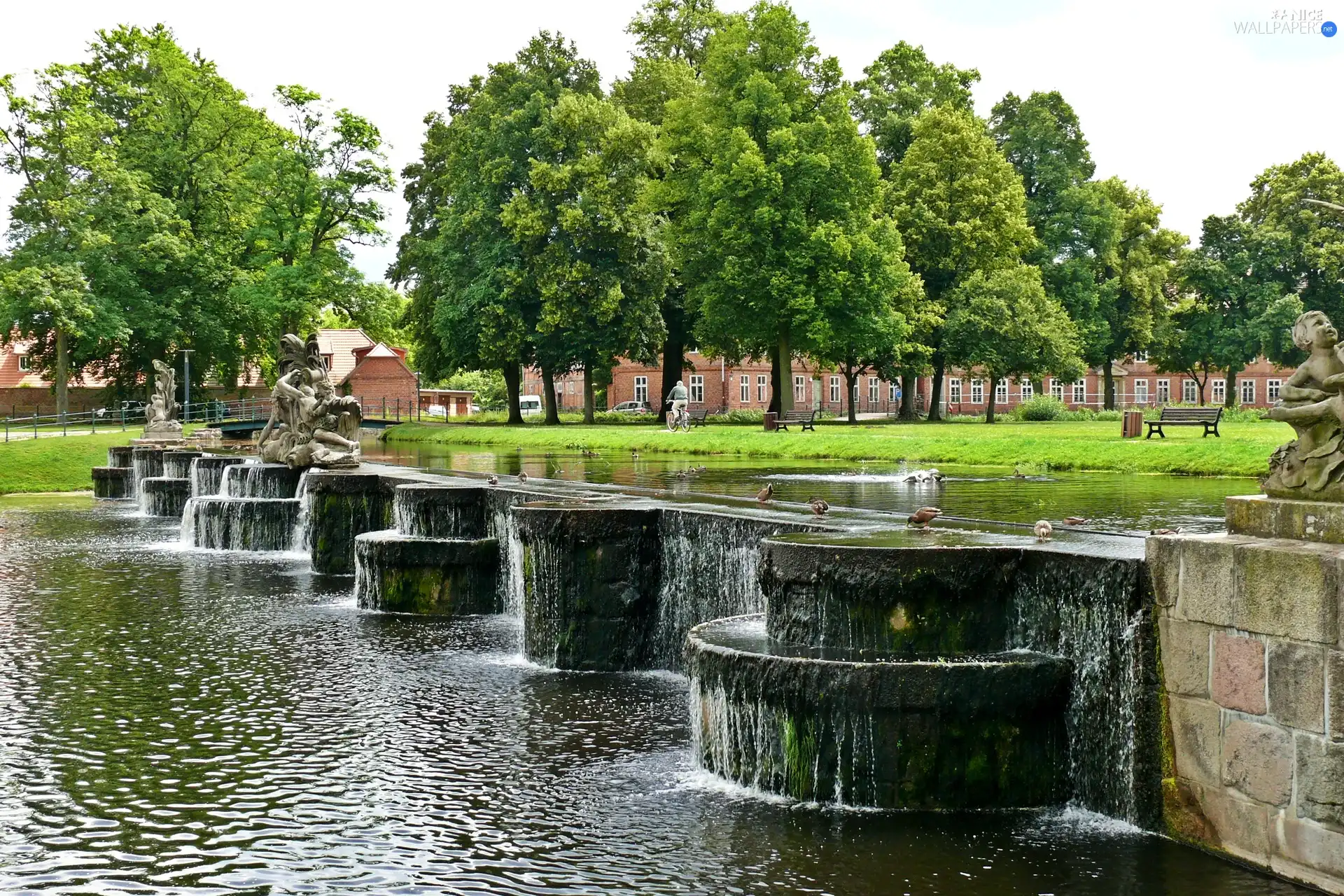 viewes, Park, water, trees, fountain