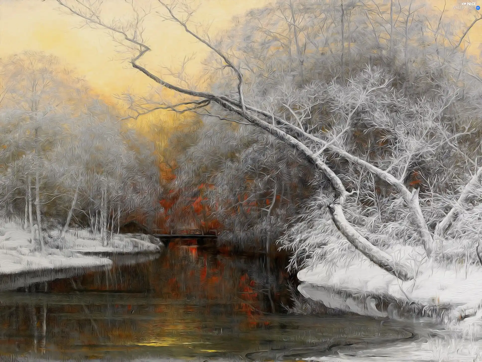 viewes, picture, River, trees, winter