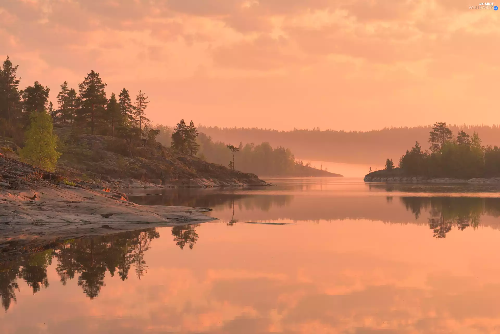 viewes, rocks, Republic of Karelia, trees, Lake Ladoga, reflection, Russia