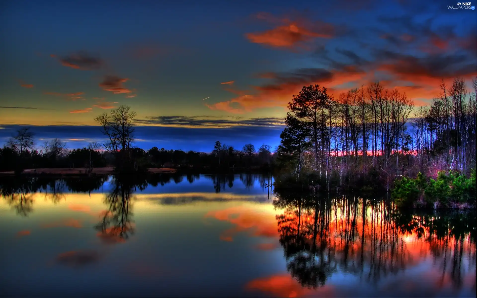 sun, lake, viewes, reflection, trees, west