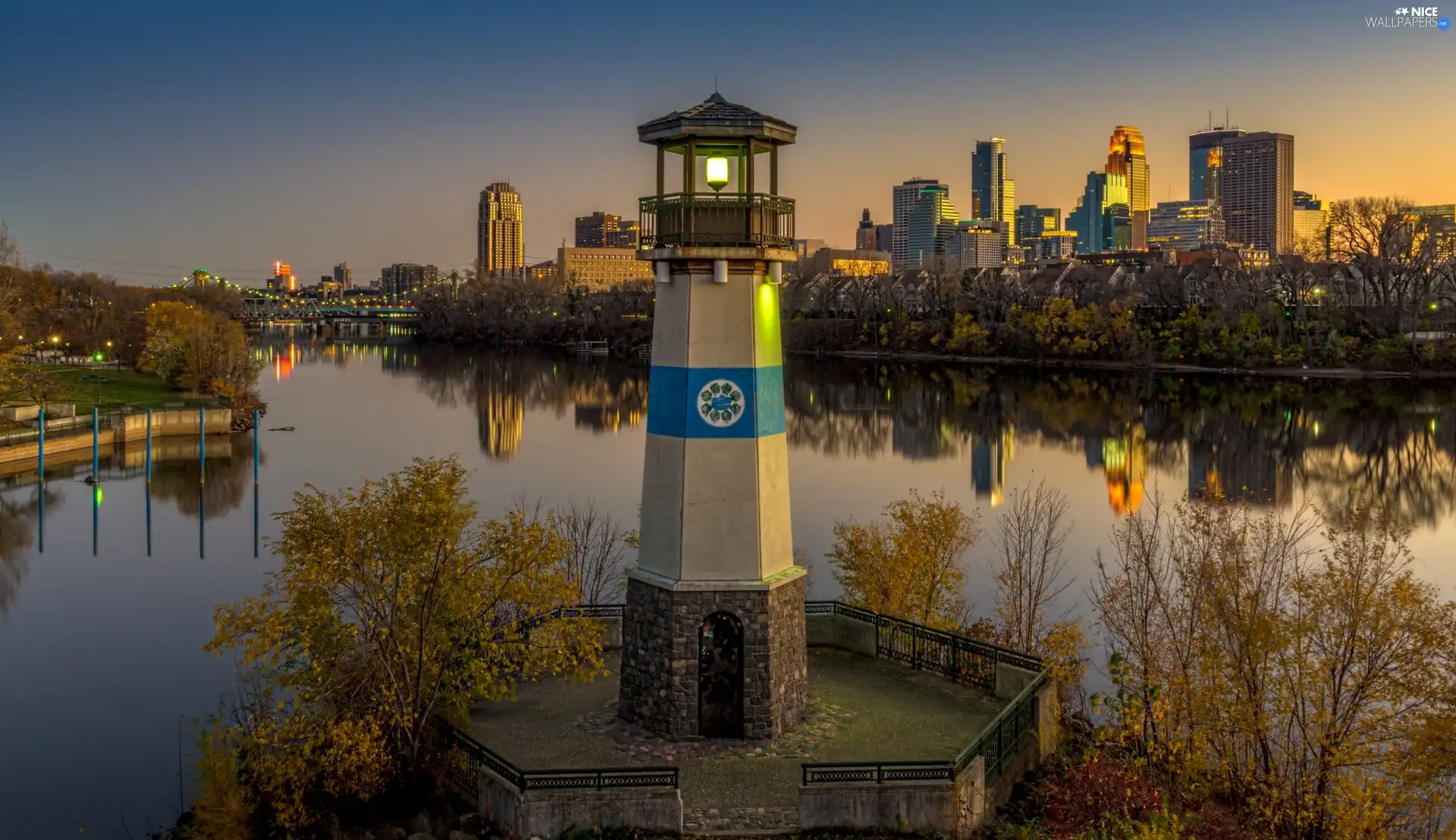 Town, Lighthouse, viewes, reflection, trees, water