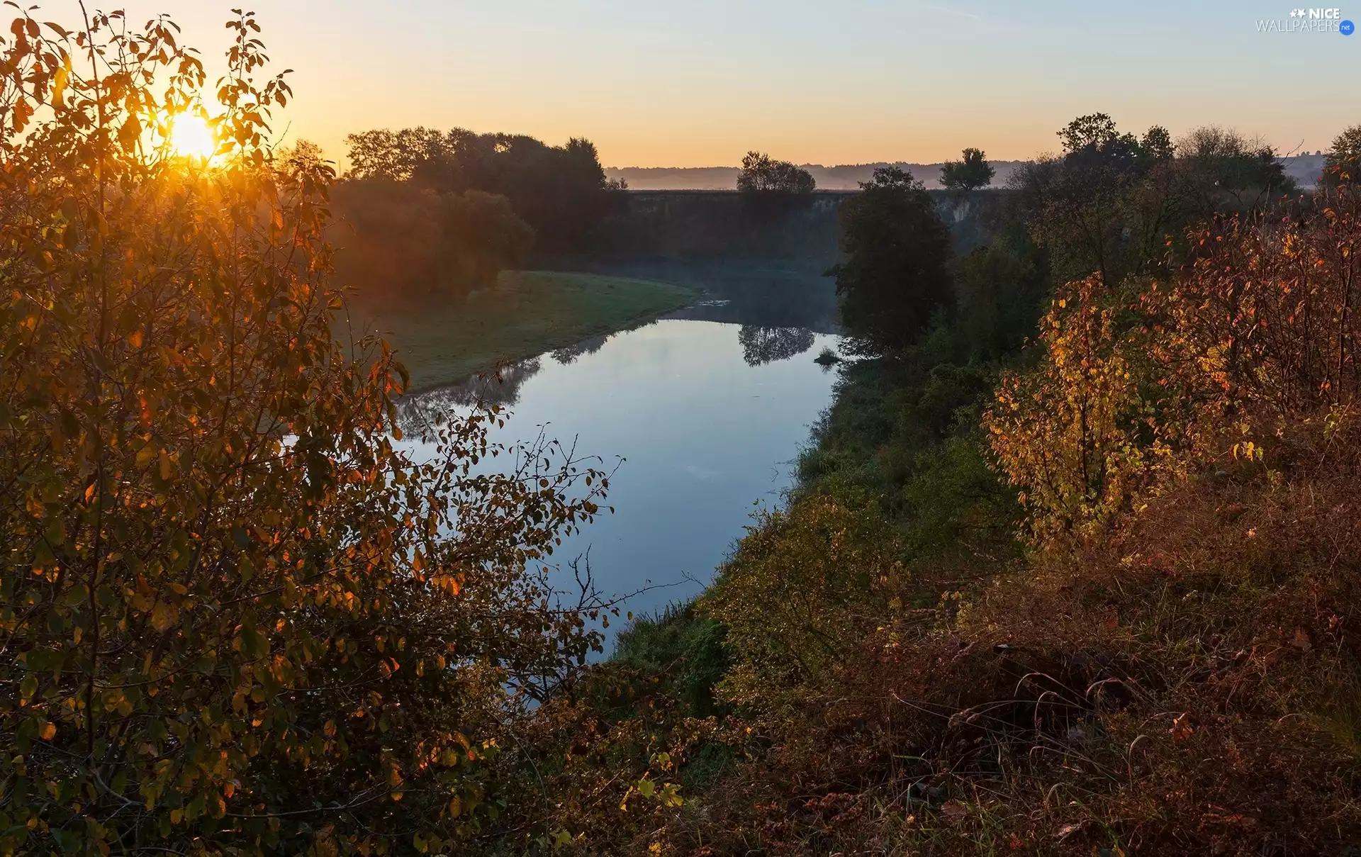 trees, viewes, River, Sunrise, autumn