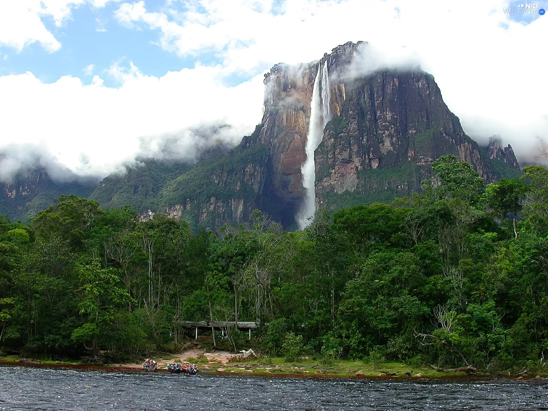 viewes, River, waterfall, trees, mountains