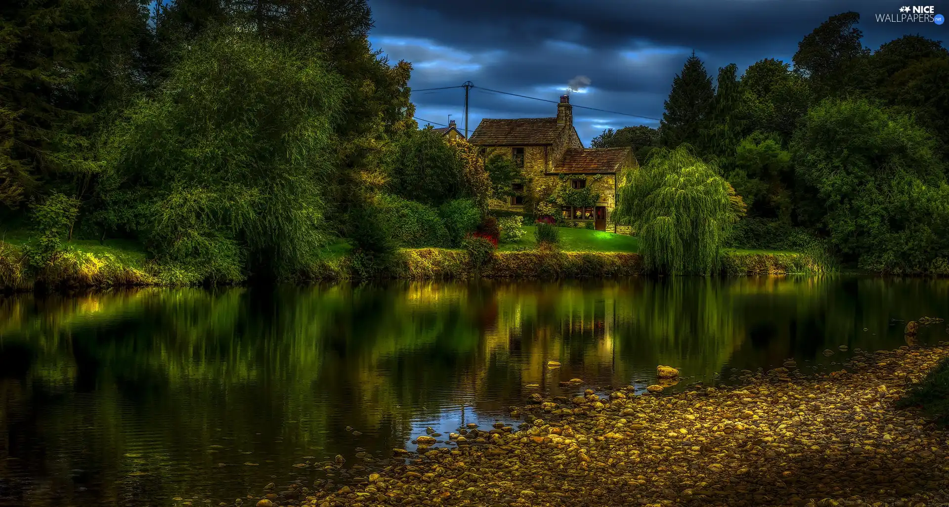 green ones, River, viewes, house, trees, Stones