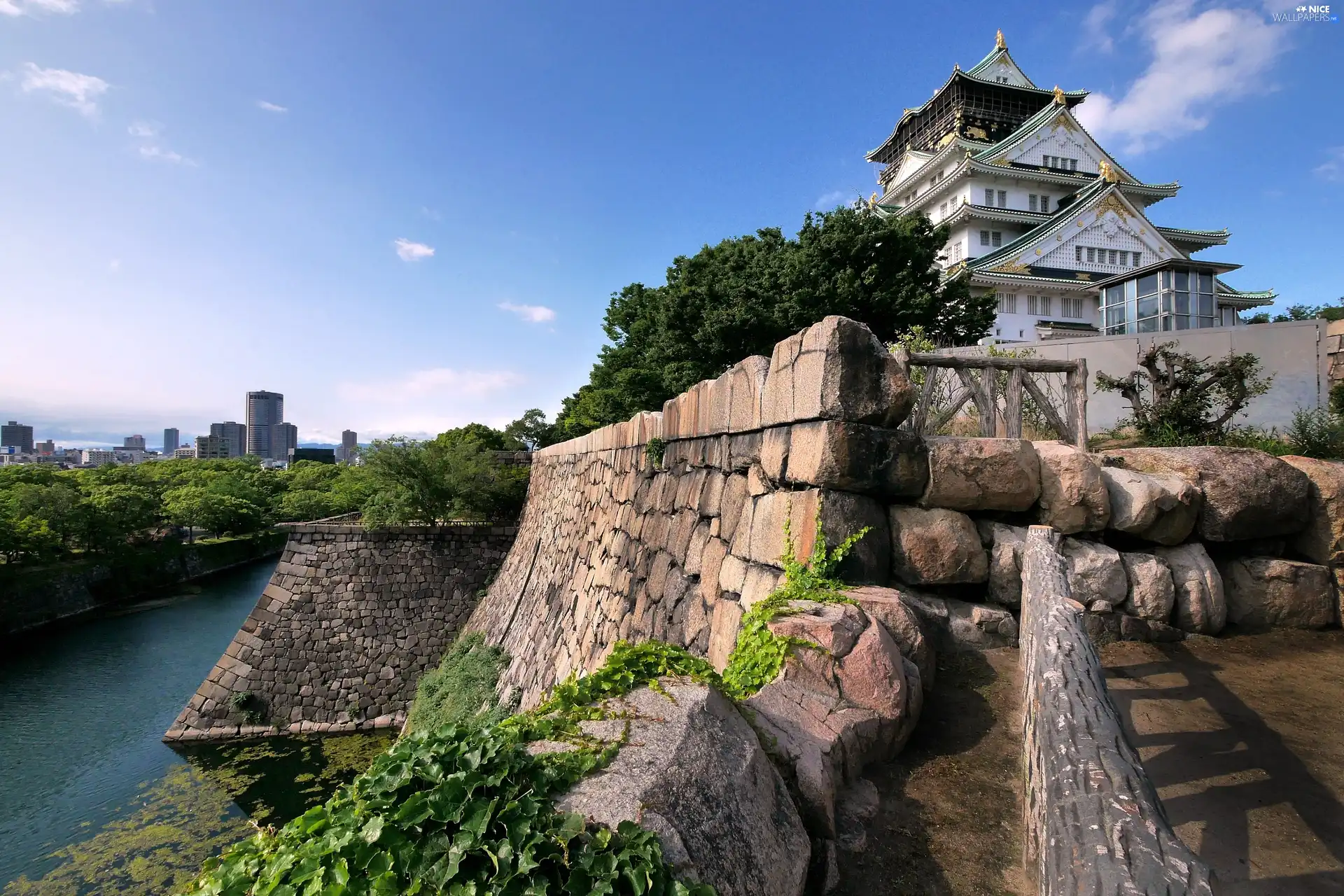 palace, Japan, viewes, River, trees, Osaka