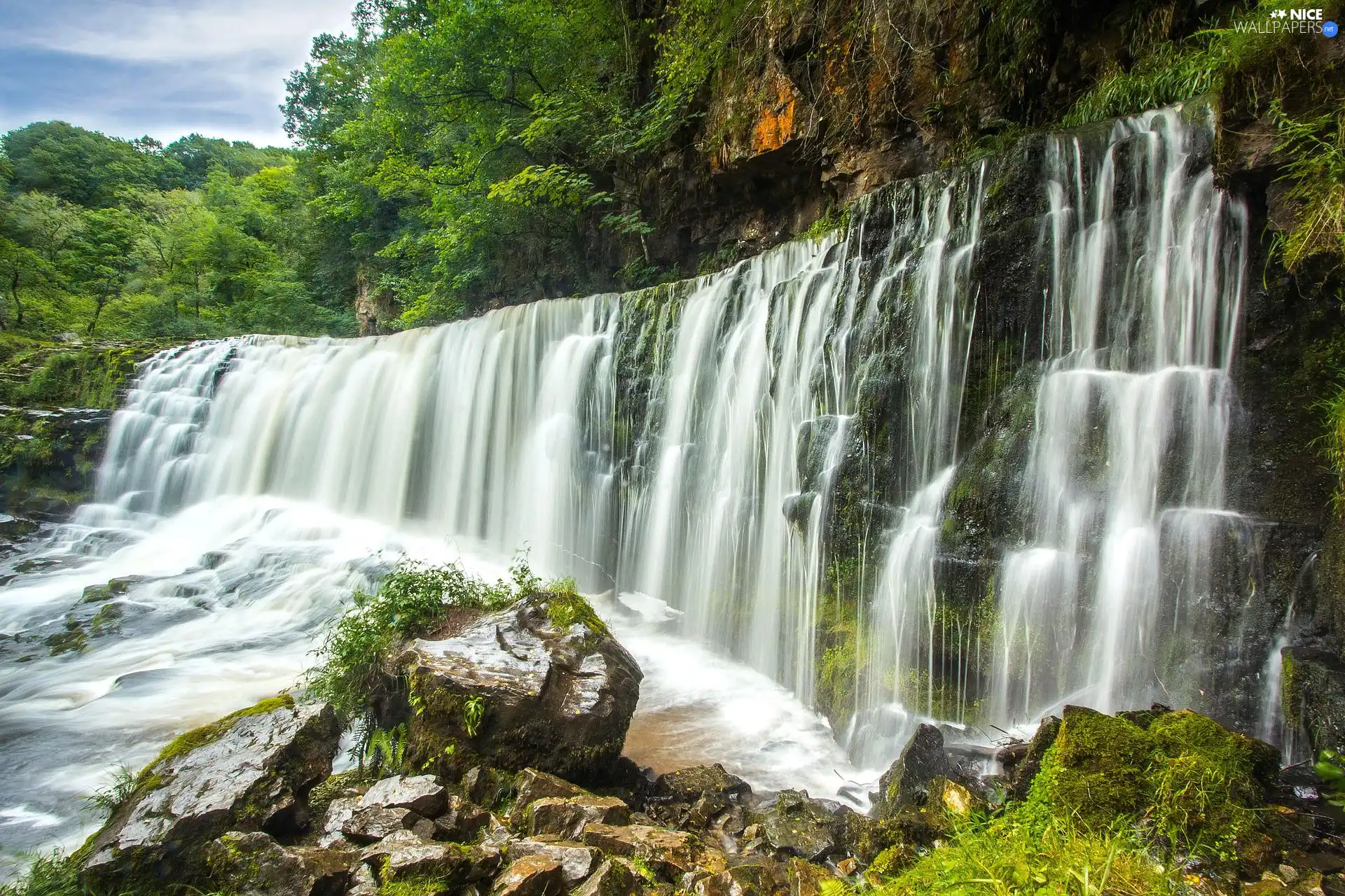 waterfall, trees, River, viewes, forest, rocks, Stones