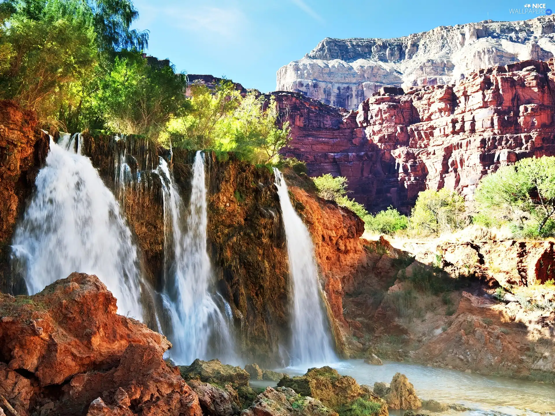 viewes, rocks, waterfall, trees, Mountains