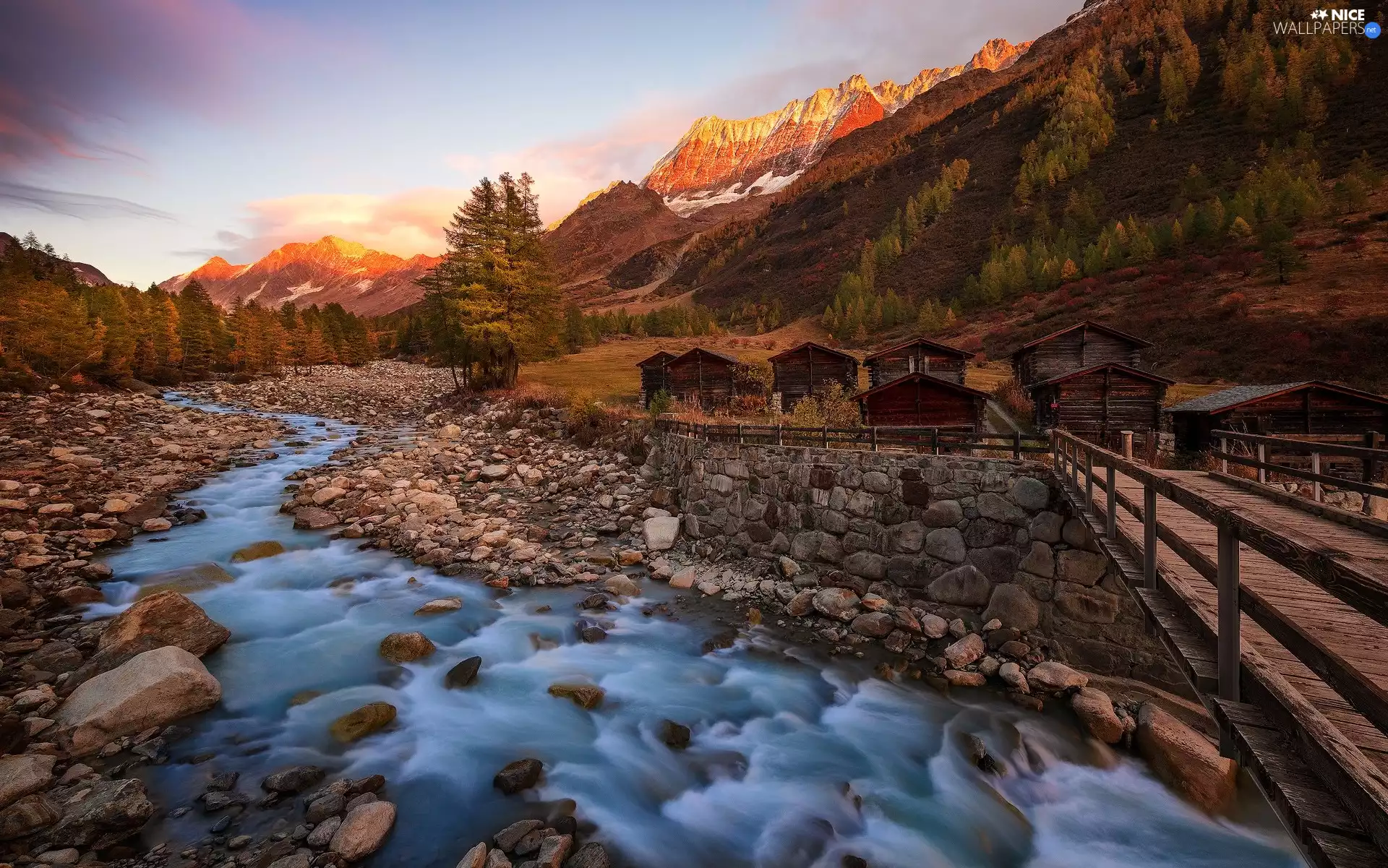 Stones, bridges, Sheds, trees, wood, River, Mountains, viewes