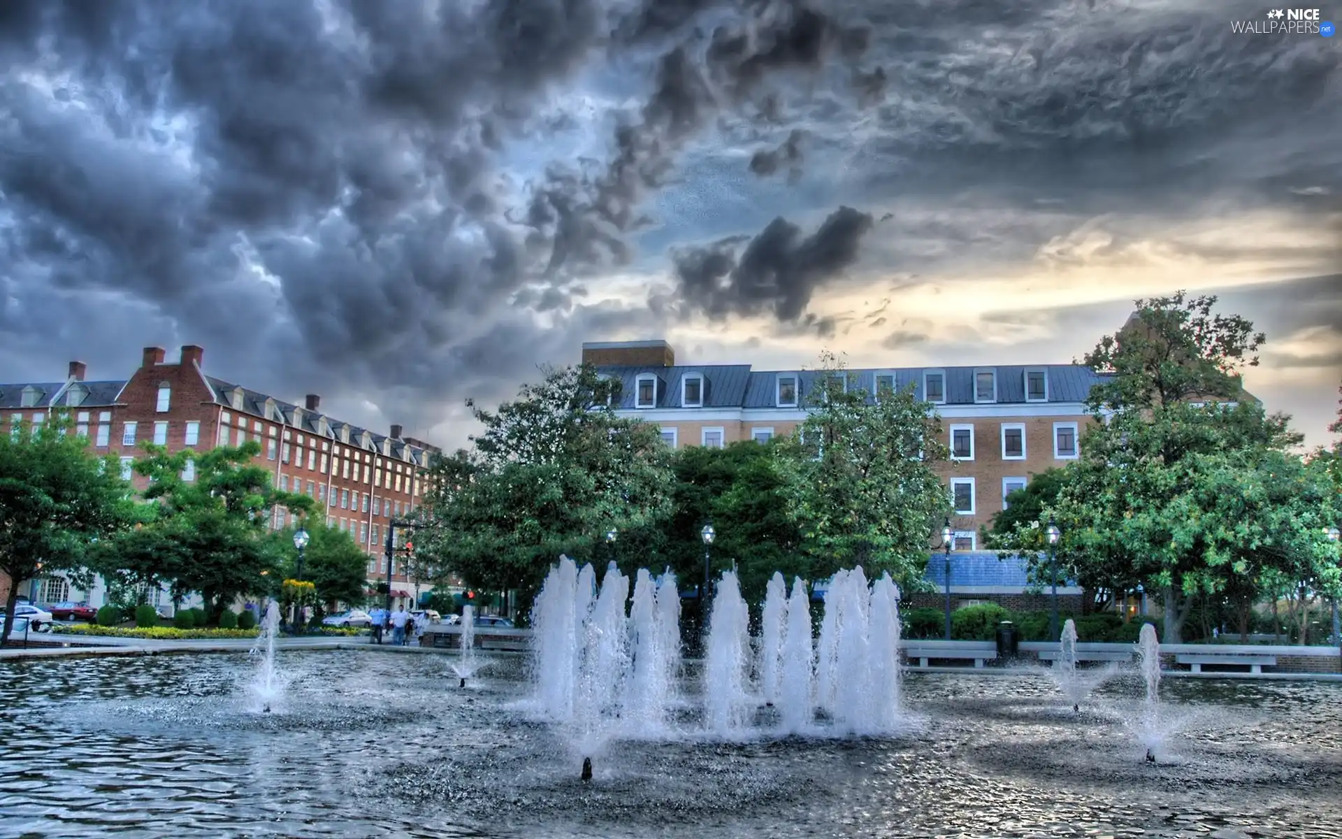 viewes, Sky, buildings, trees, fountain