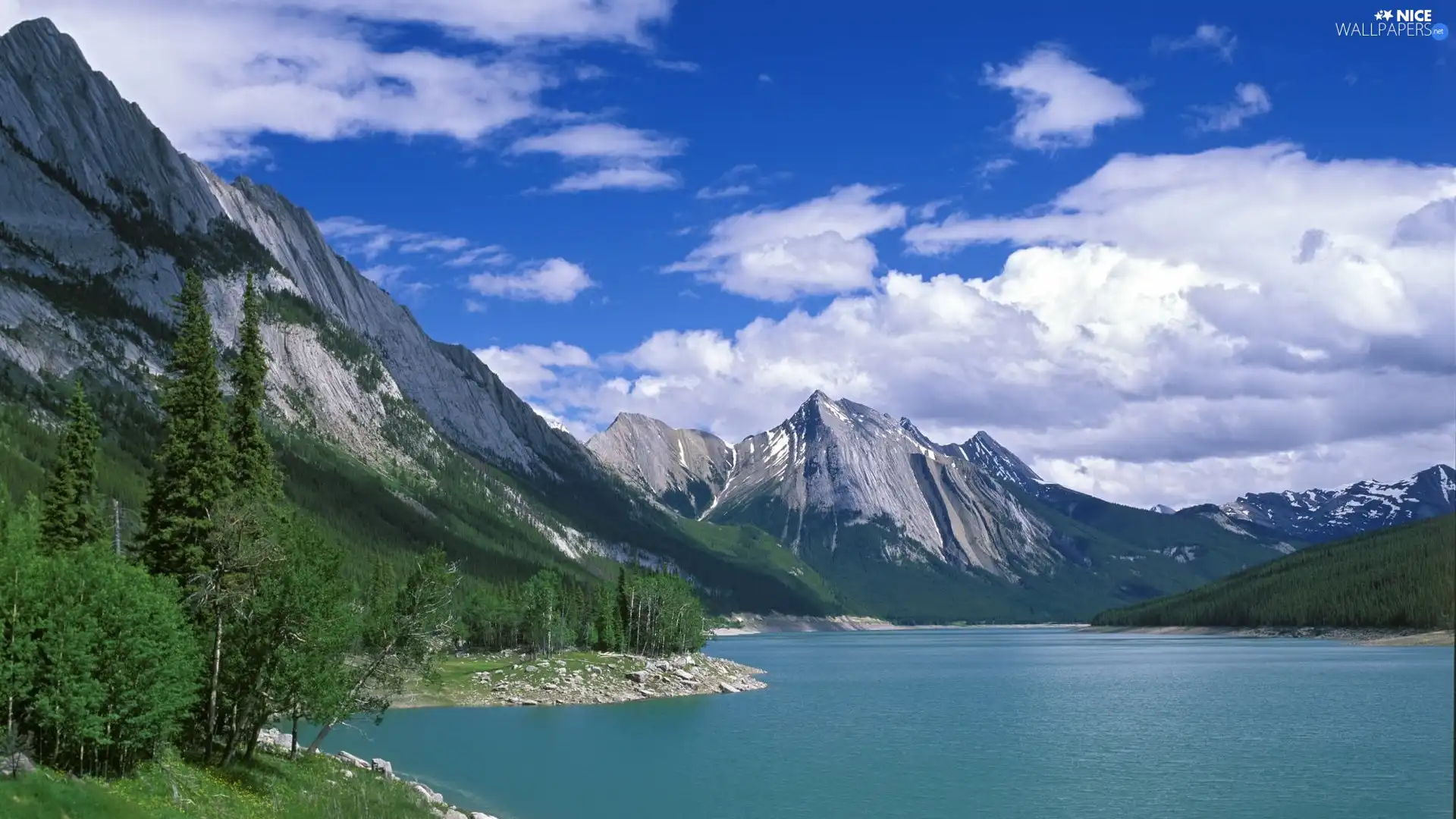 viewes, Sky, Mountains, trees, lake