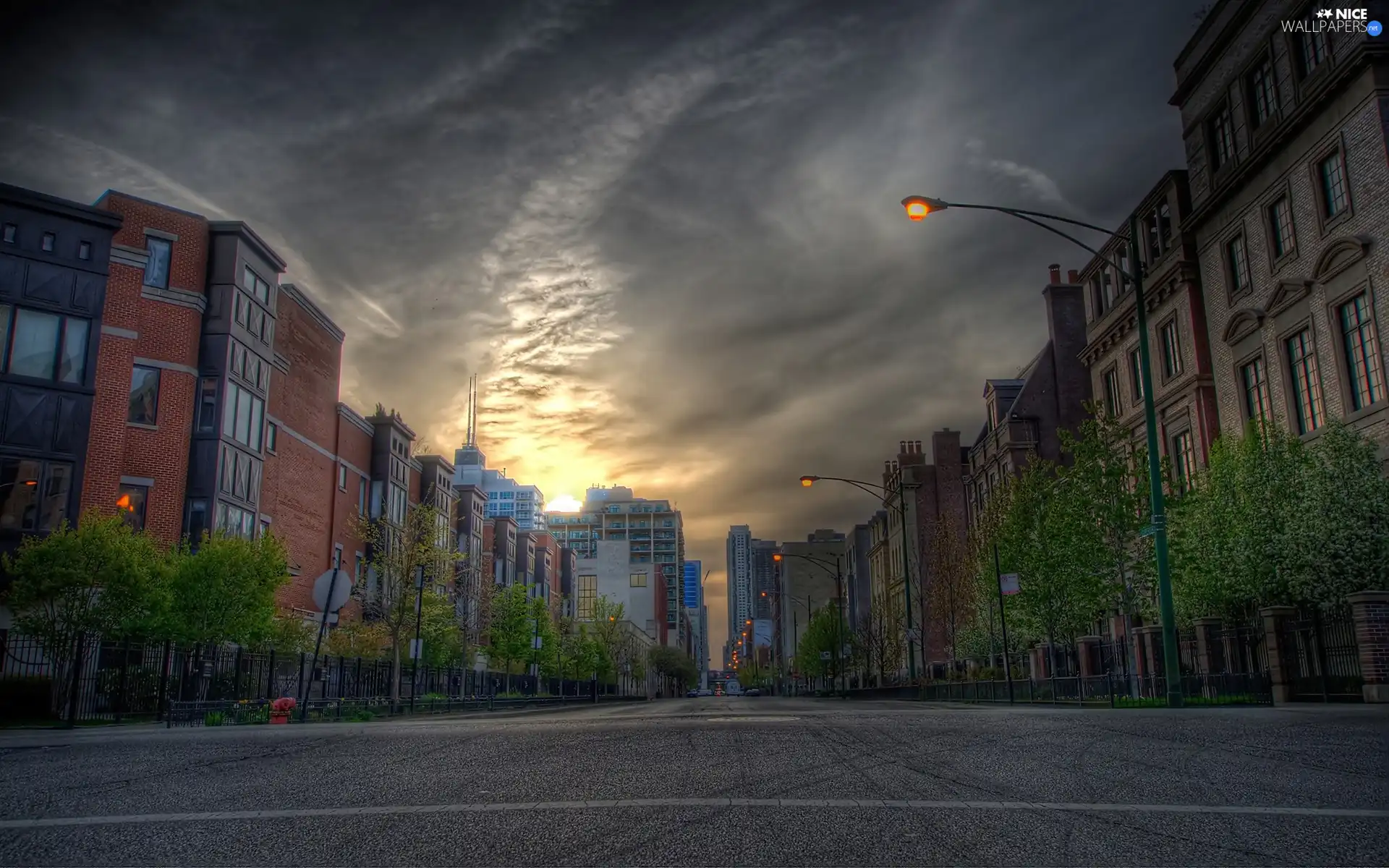 viewes, Sky, buildings, trees, Street