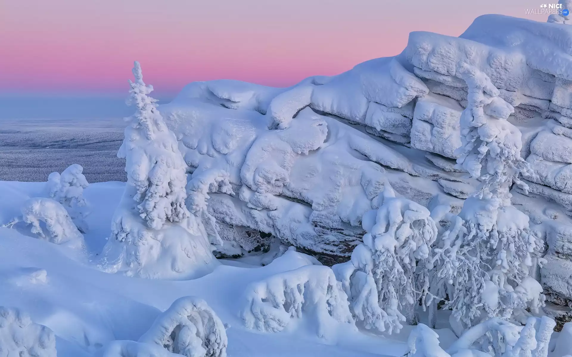 rocks, winter, trees, viewes, Snowy, snow