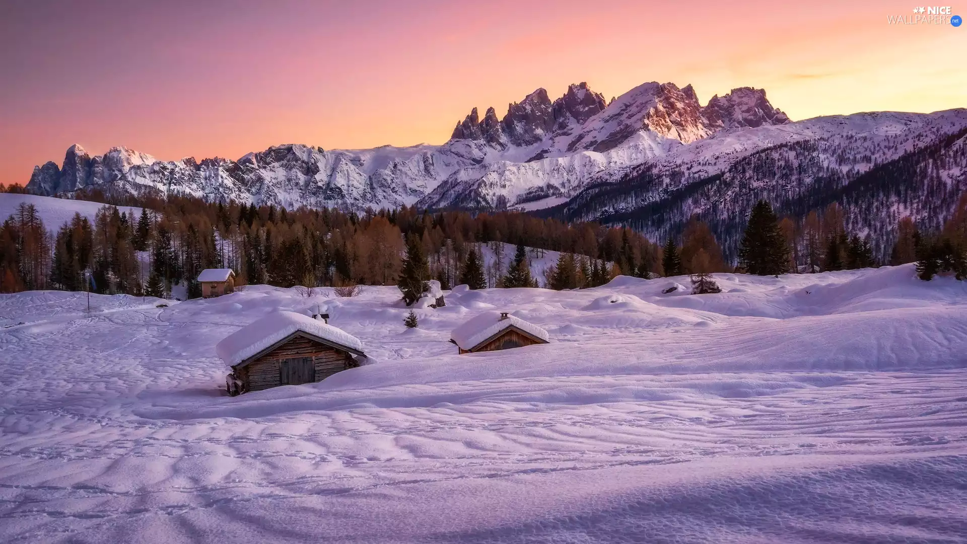 Houses, trees, snow, viewes, Mountains, winter, Sunrise