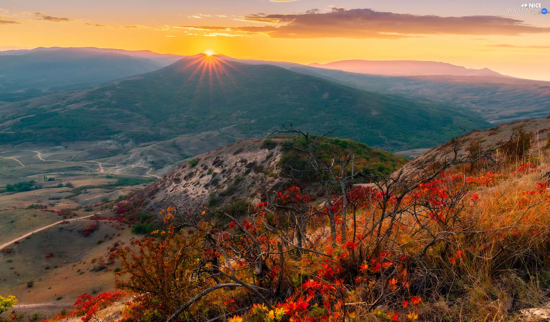 viewes, Mountains, Great Sunsets, autumn, rays of the Sun, trees