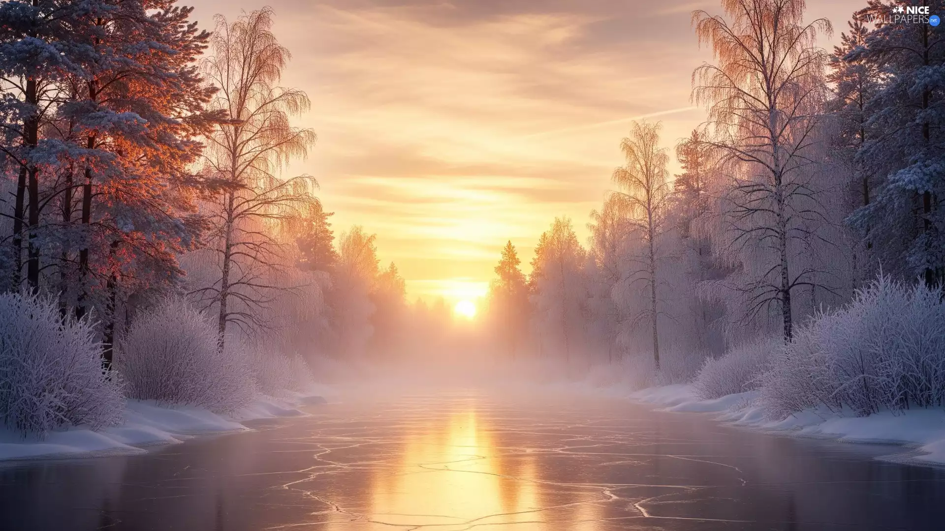 Fog, frosty, Sunrise, trees, forest, River, winter, viewes