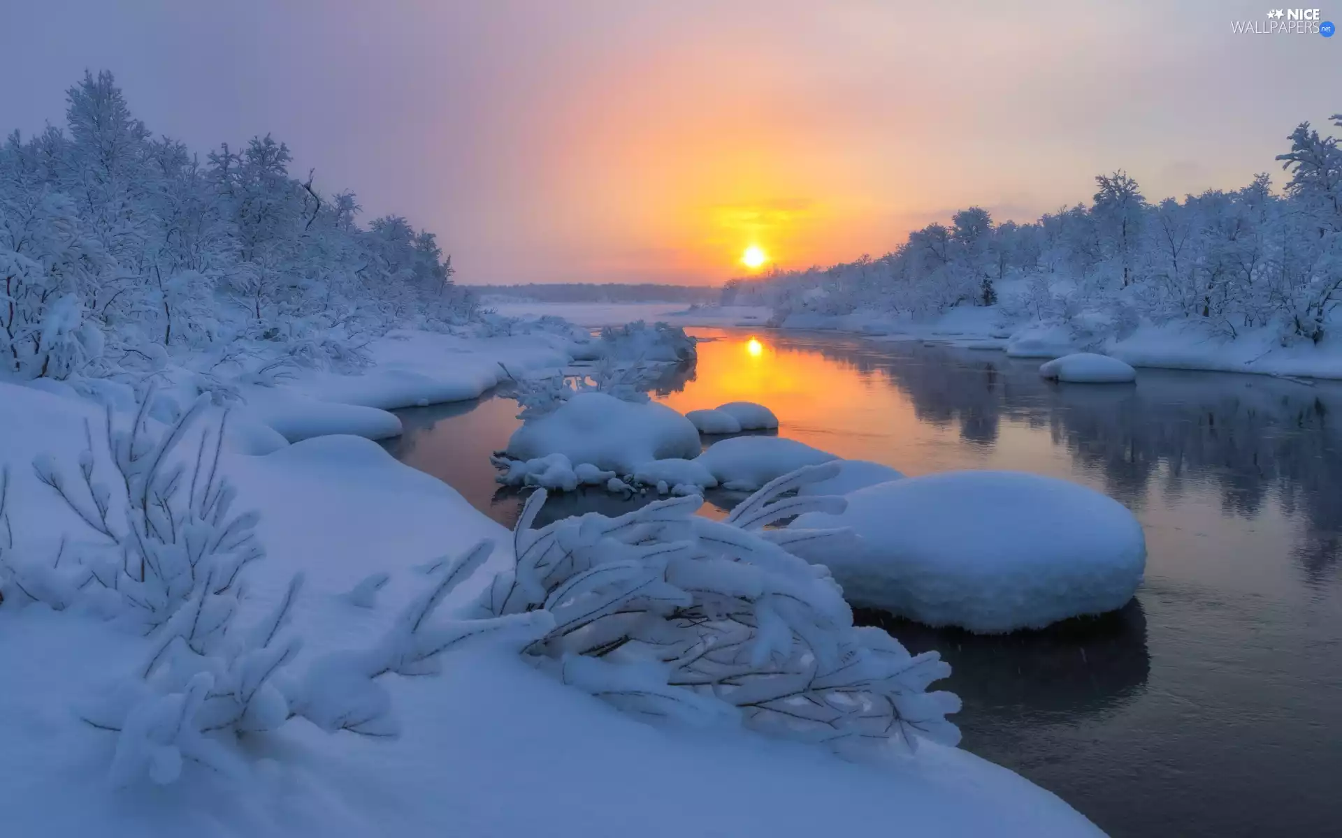 Stones, snow, Sunrise, trees, Bushes, River, winter, viewes