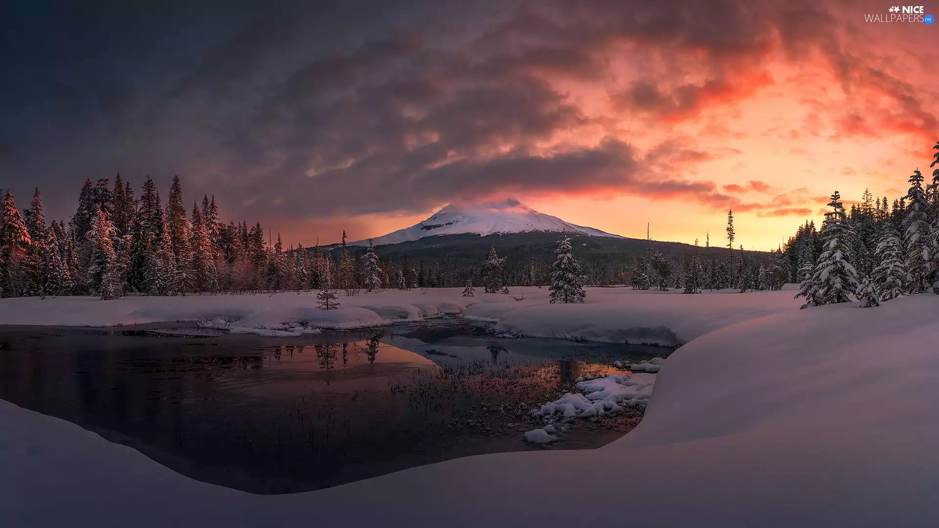 Mountains, winter, trees, viewes, lake, Sunrise