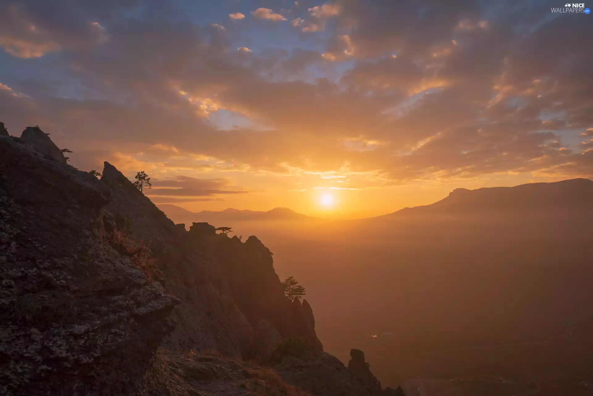 clouds, trees, Sunrise, viewes, rocks, Fog, Mountains