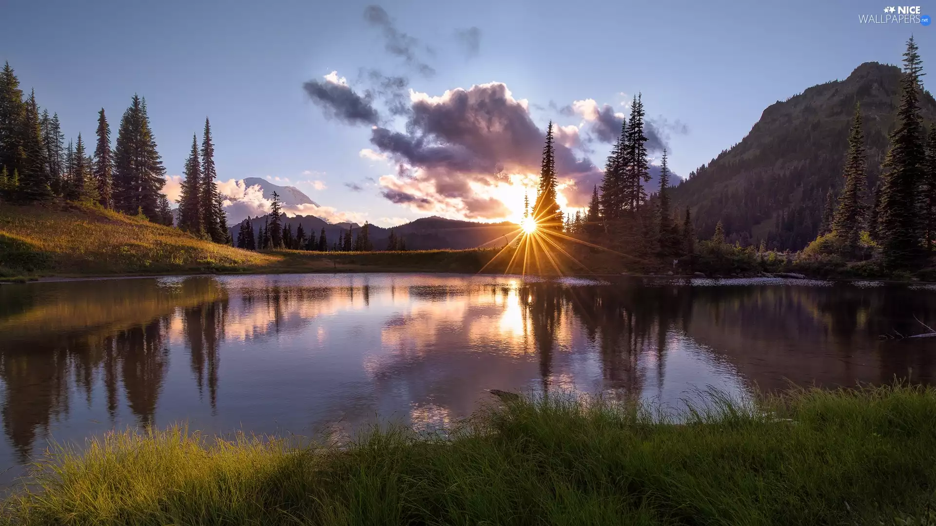 Washington State, The United States, Mount Rainier National Park, Mountains, rays of the Sun, clouds, trees, viewes, Lake Tipsoo
