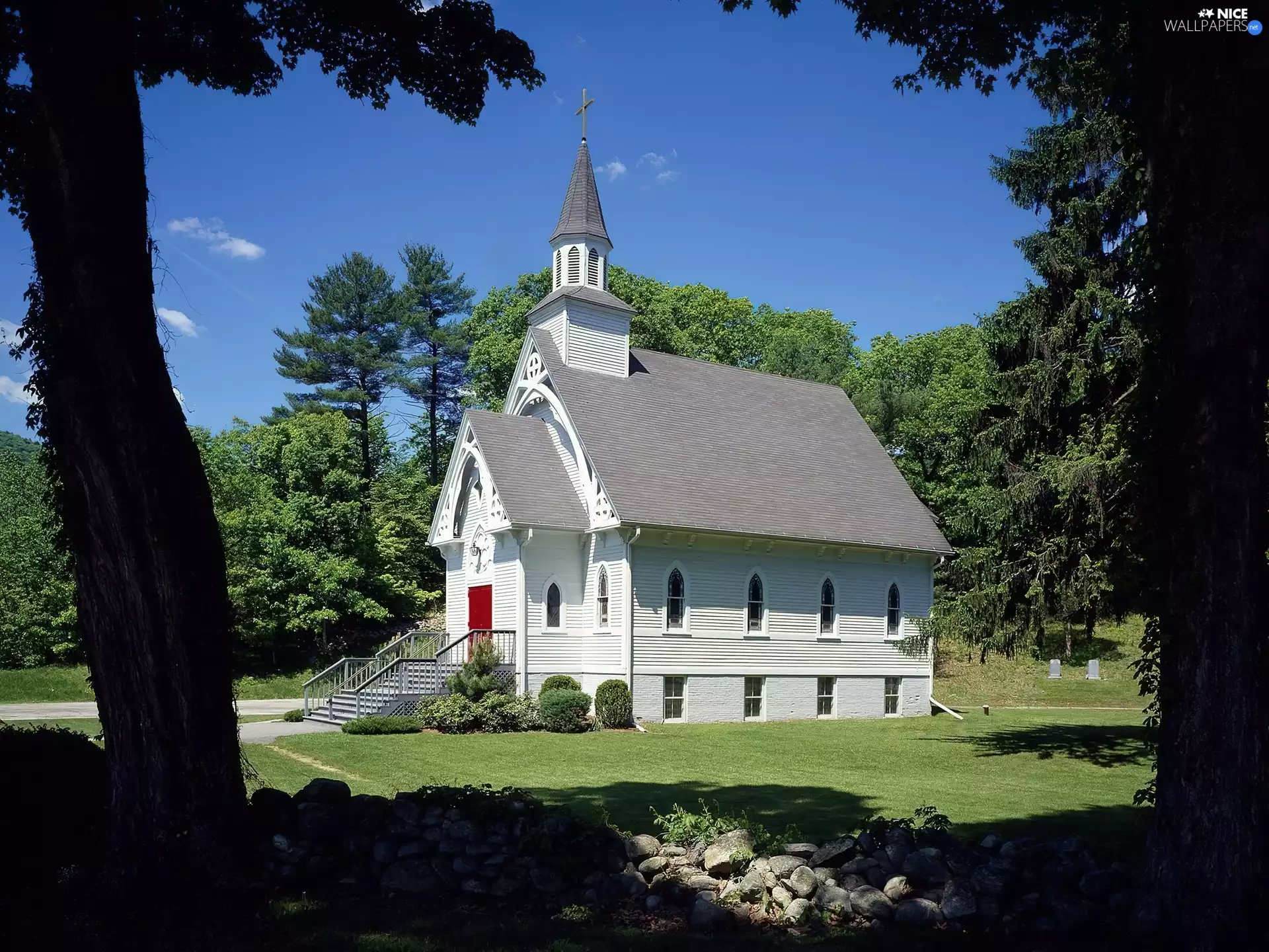 viewes, church, trees