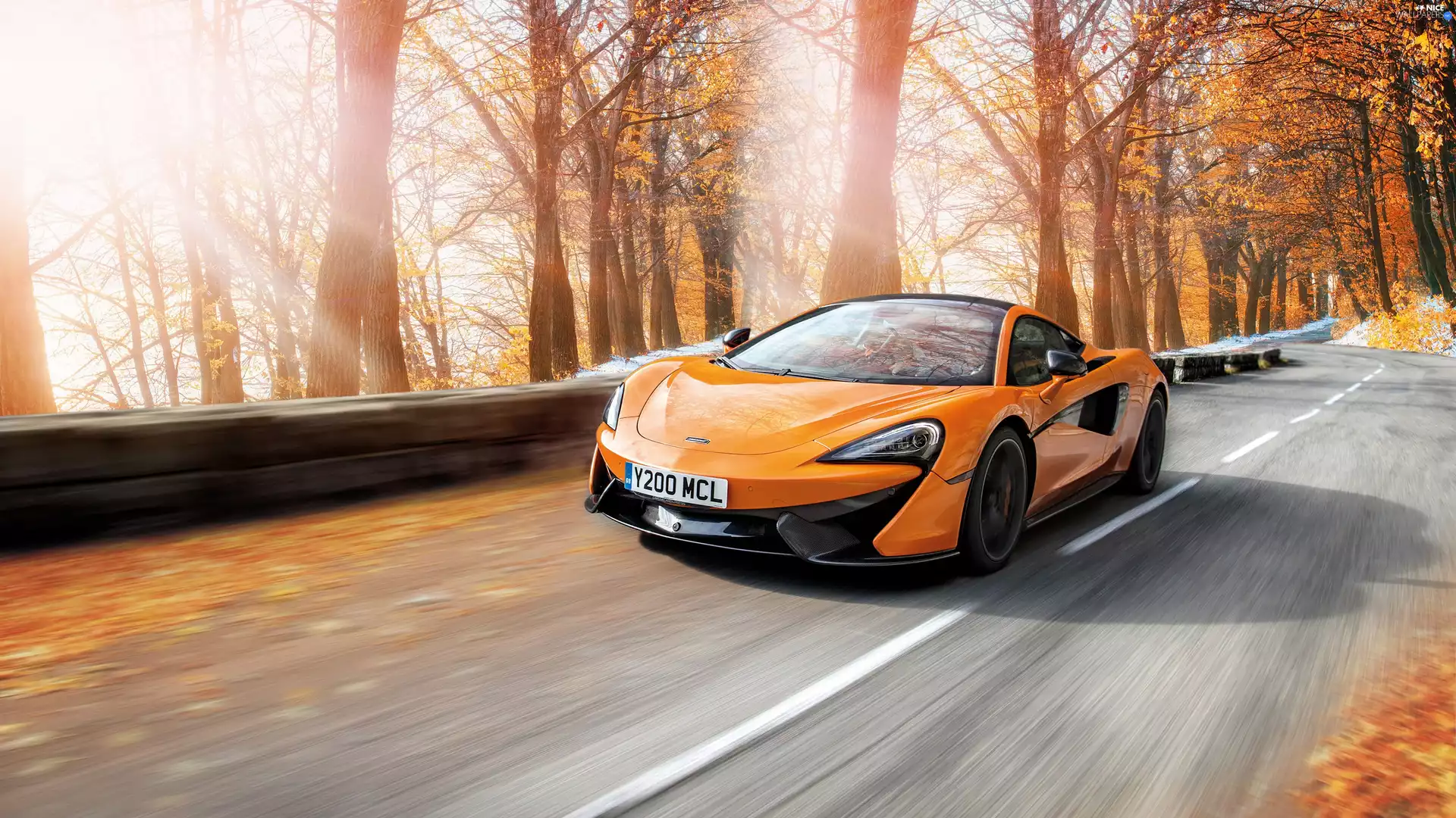 autumn, Orange, trees, viewes, Way, McLaren 570S