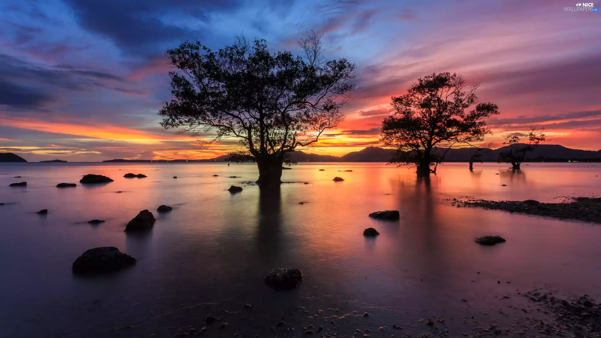 Stones, Great Sunsets, viewes, lake, trees