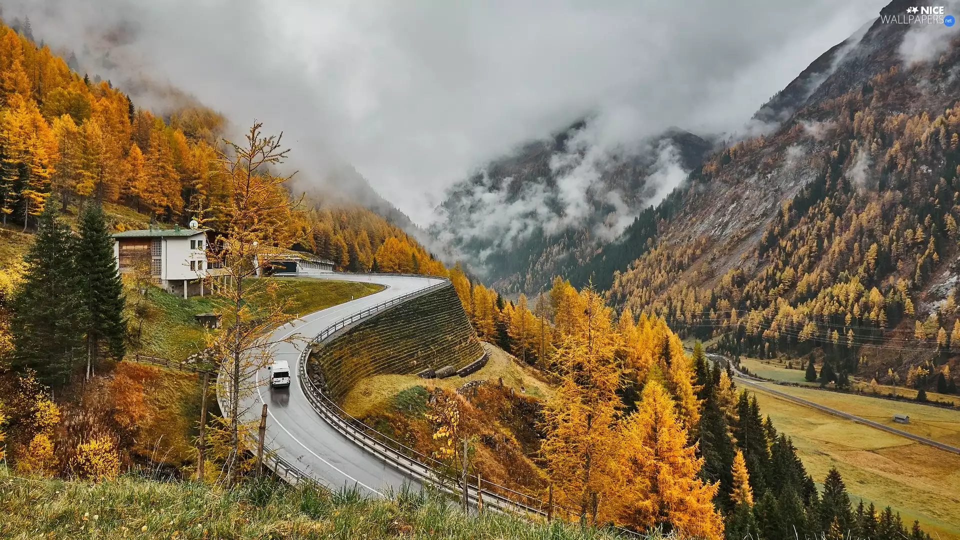 autumn, trees, turn, viewes, Mountains, Way, house
